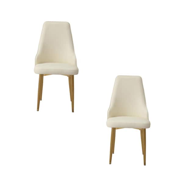 Unbranded Modern Golden White PU Leather Foam Dining Chair with Metal Legs, Back Stripes Design (Set of 2)