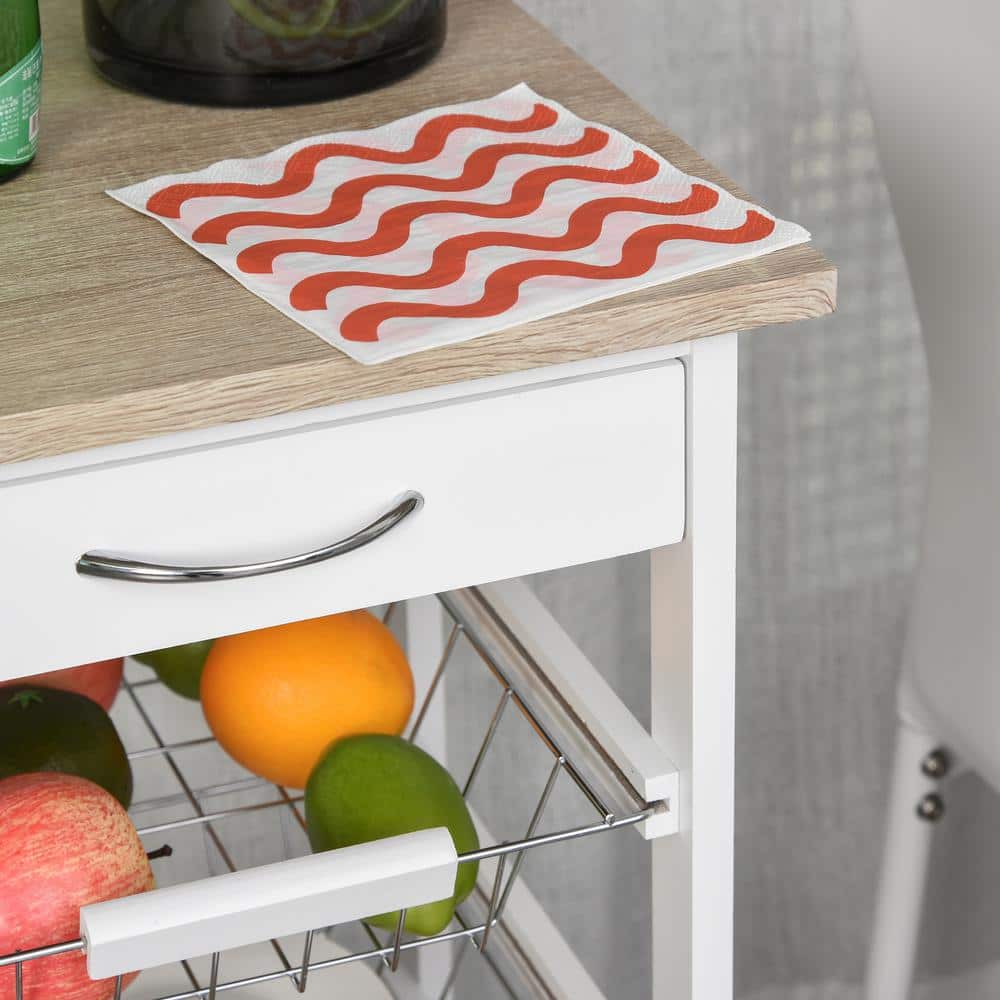 White Wood Kitchen Cart with Storage and Spice Rack