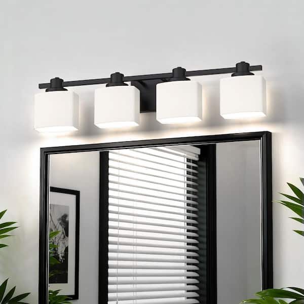 30.67 in. Modern 4-Light Brushed Nickel Vanity Light with Handcrafted Frosted Glass Shades