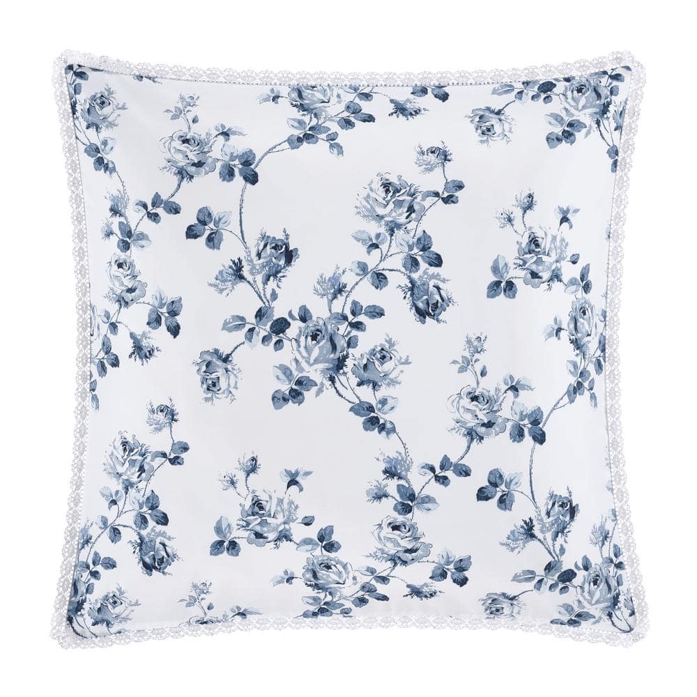 French Blue Floral Polyester Euro Sham with Crochet Hem