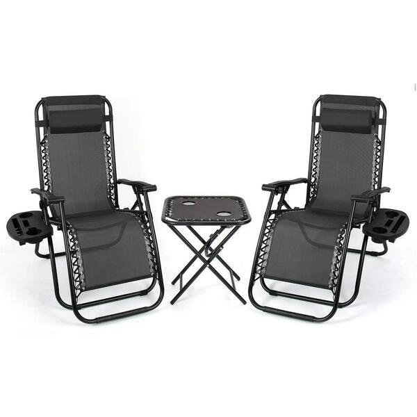 Foredawn Black Zero Gravity Outdoor Lounge Chair Side Table Set with