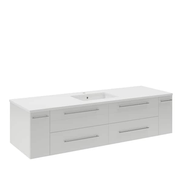 Fresca Lucera 60 in. Single Sink Wall Mount Floating White Bath Vanity with White Quartz Top and Undermount Ceramic Sink