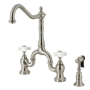 English Country Double-Handle Deck Mount Gooseneck Bridge Kitchen Faucet with Brass Sprayer in Brushed Nickel