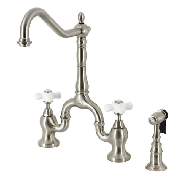 Kingston Brass English Country Double-Handle Deck Mount Gooseneck Bridge Kitchen Faucet with Brass Sprayer in Brushed Nickel
