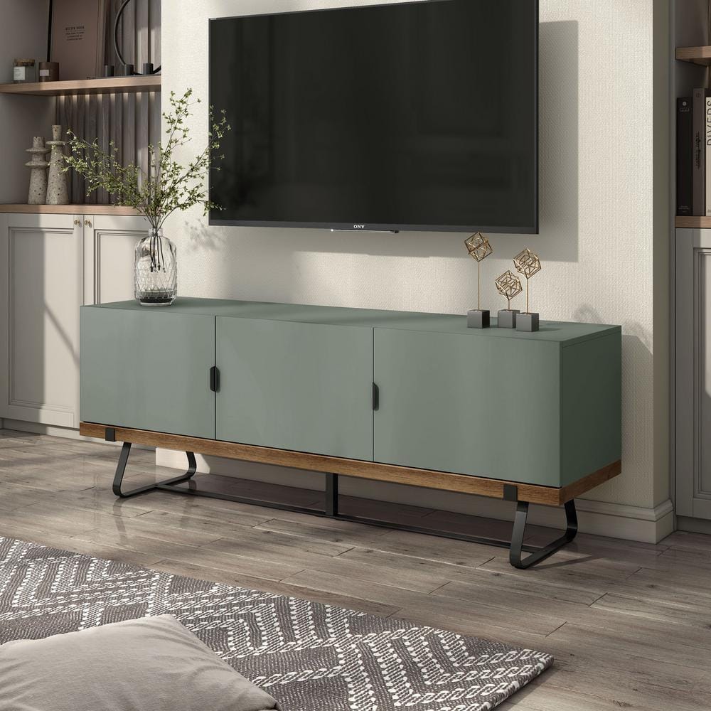 Sage Green and Distressed Oak Modern TV Stand with Cabinet