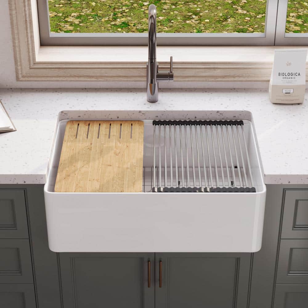 White Fireclay Single Basin Farmhouse Workstation Kitchen Sink