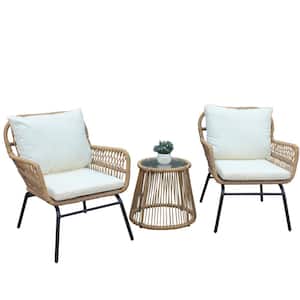 3-Piece Wicker Outdoor Bistro Natural Set with Removable White Cushion and Glass Top Side Table