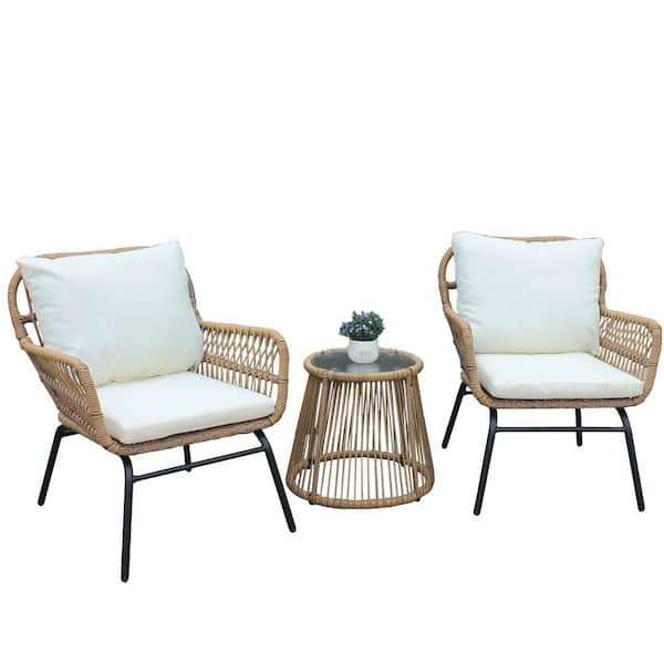 HOMEFUN 3-Piece Wicker Outdoor Bistro Natural Set with Removable White Cushion and Glass Top Side Table