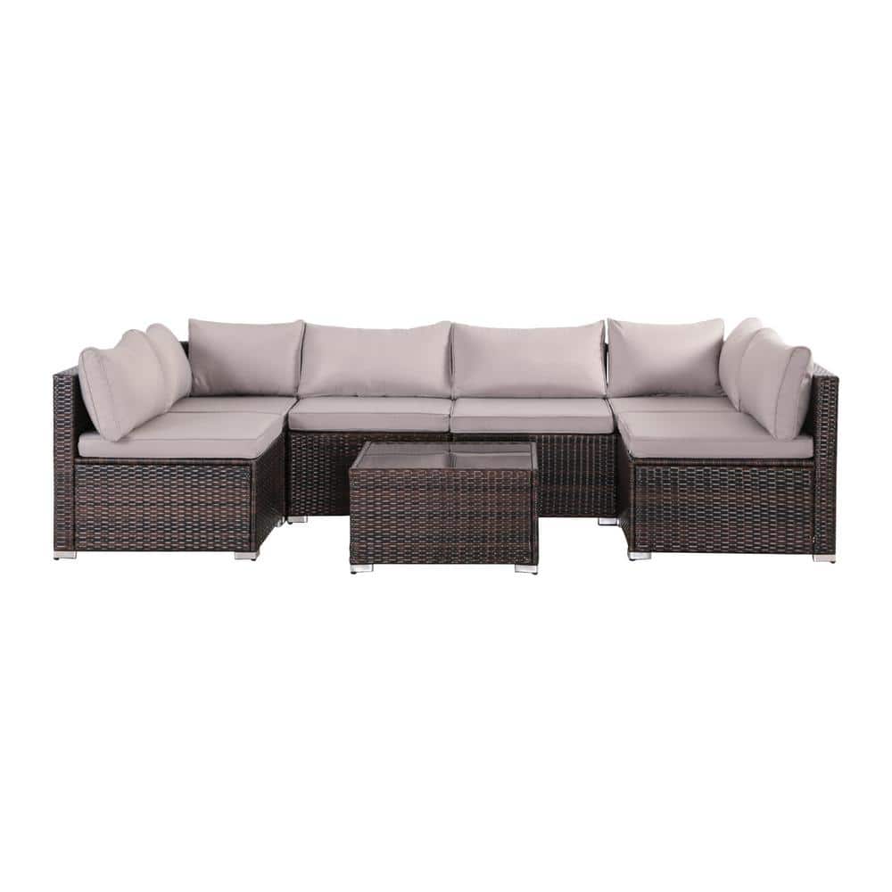 Gray 7-Piece Patio Rattan Sofa Set with Coffee Table and Cushion