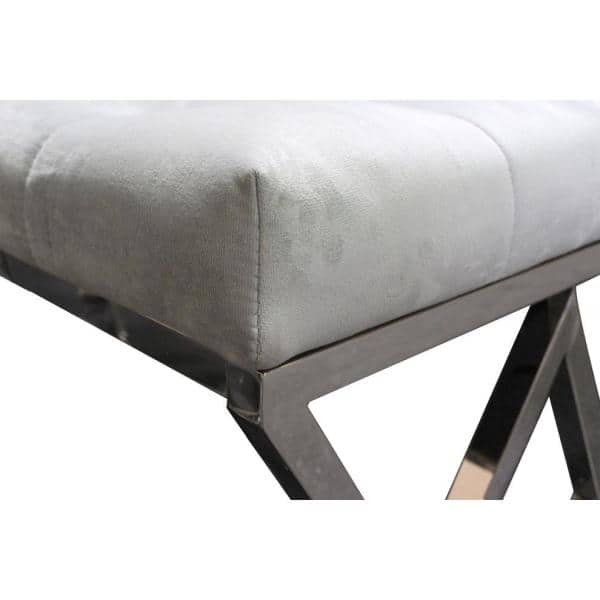 Contemporary Gray Velvet Tufted Bench with Stainless Steel Legs