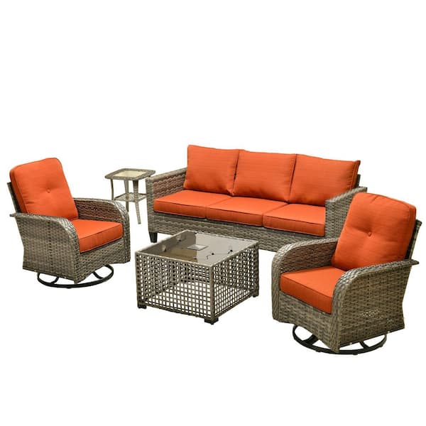 Elvira Gray 5-Piece Wicker Patio Conversation Seating Sofa Set with Orange Red Cushions and Swivel Rocking Chairs