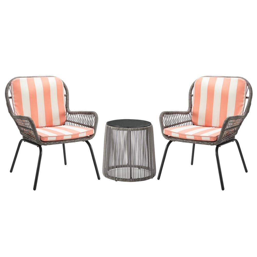 3 Piece Metal Patio Outdoor Bistro Set with Blush Cushion