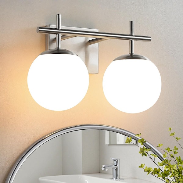 14.17 in. 2-Light Brushed Silver Nickel Traditional Classic Bathroom Vintage Vanity Light with Frosted White Glass Shade
