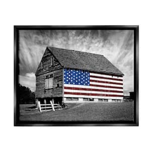 Black and White Farmhouse Barn American Flag by James McLoughlin Floater Frame Country Wall Art Print 31 in. x 25 in.