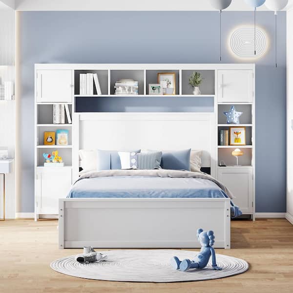 White Wood Frame Full Platform Bed with All-in-One Cabinet, Shelf and Sockets, Twin XL Trundle