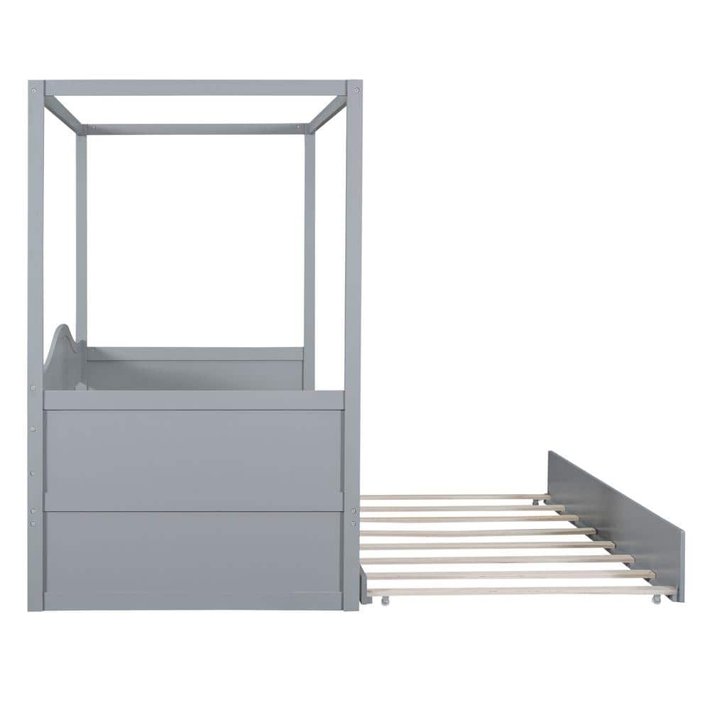 White Wood Frame Twin Size Canopy Bed, Daybed with Trundle - thumbnail 2