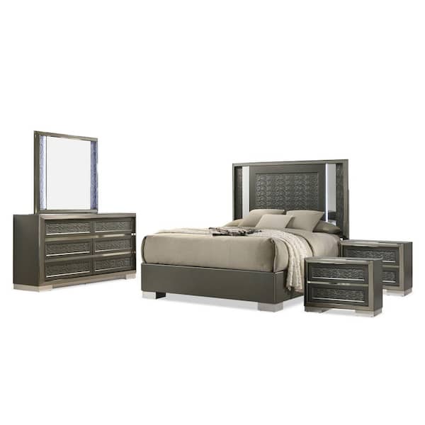 Jena 5-Piece Dark Gray Wood Frame King Platform Bedroom Set with LED on Headboard and Mirror, Leaf Pattern Moulding