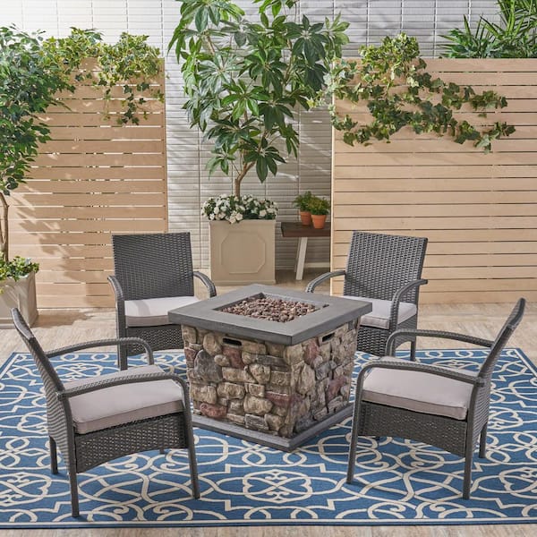 Noble House Cordoba Grey 5-Piece Faux Rattan Outdoor Patio Fire Pit ...