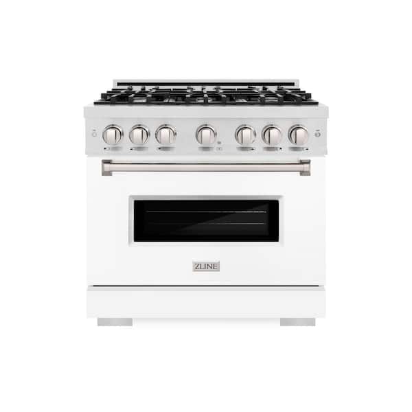 ZLINE Kitchen and Bath 36 in. Classic Gas Range with 6 Burner Cooktop and Convection Gas Oven in Satin Stainless Steel with White Matte Door