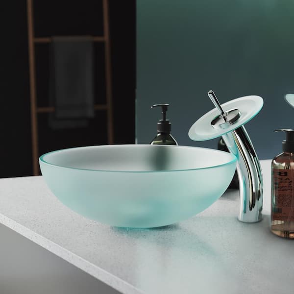 Swiss Madison Cascade Frost Round Glass Vessel Sink with Cascade Faucet