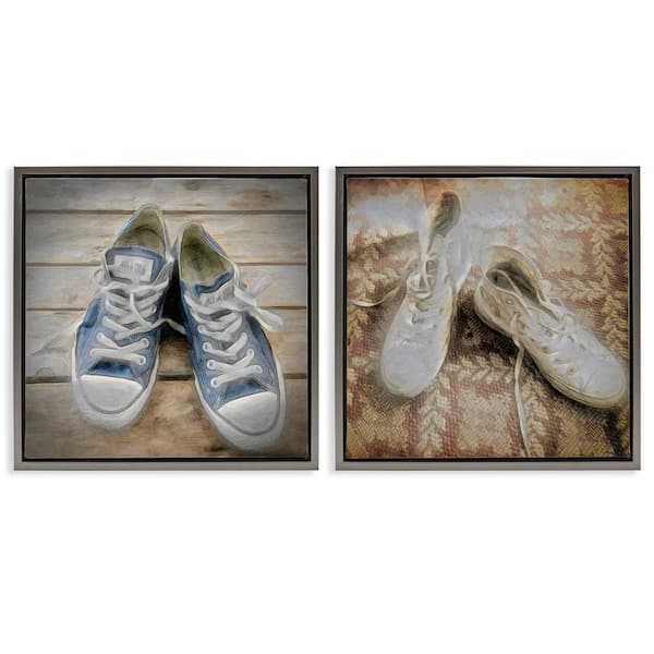 Stupell Industries Vintage Sneakers View by Graffi*tee Studios 2 Pieces Gray Floater Frame Abstract Graphic Art Print 18 in. x 18 in.