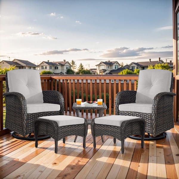 Brown 5-Piece Wicker Patio Conversation Set with Swivel Rockers, Balcony Conversation Set with Beige Cushions