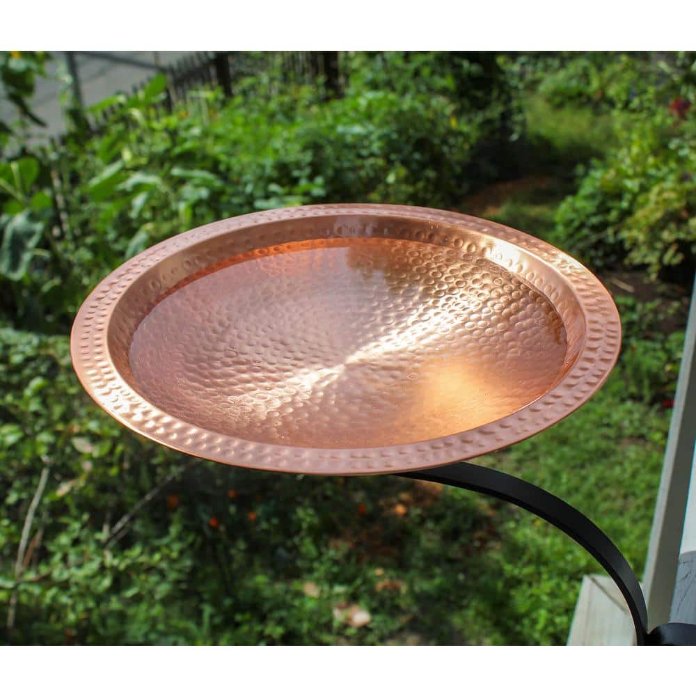 Hammered Copper Birdbath with Black Iron Rail Mount