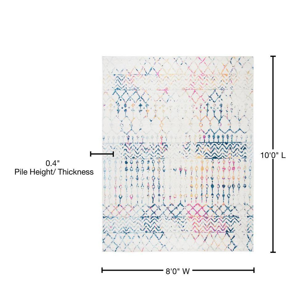 Ivory and Blue Moroccan Boho Distressed Area Rug, 8' x 10'