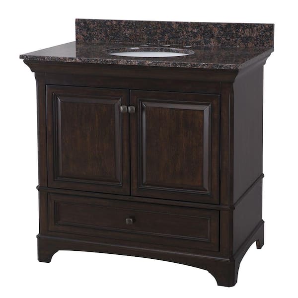 Home Decorators Collection Moorpark 37 in. Vanity in Burnished Walnut with Granite Vanity Top in Brown