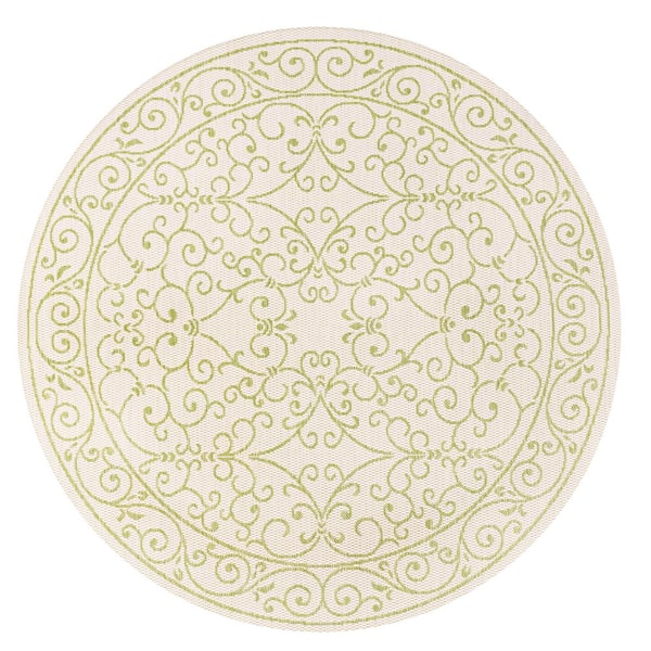Charleston Vintage Filigree Textured Weave Cream/Green 5 ft. Round Indoor/Outdoor Area Rug