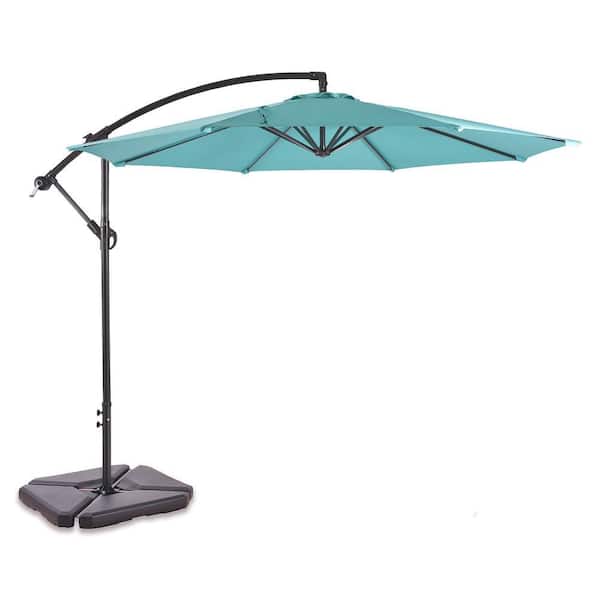 Bayshore Outdoor 10 ft. Hanging Offset Cantilever Patio Umbrella with Easy Crank Lift and Base Weights in Turquoise
