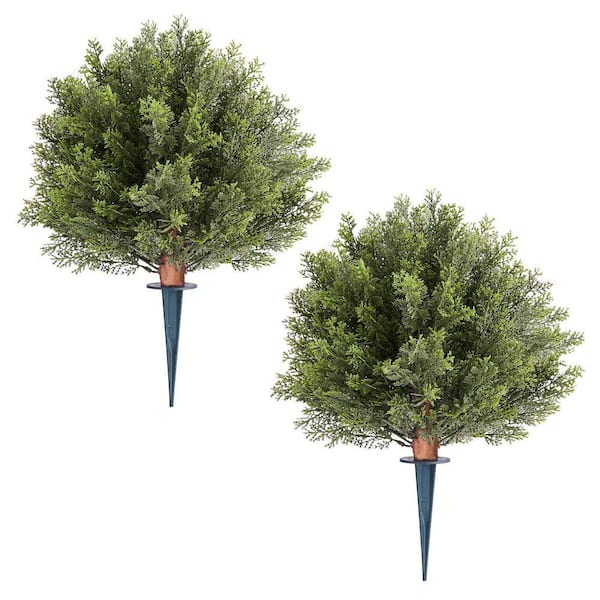 1.3 ft. Artificial Topiary Cypress Trees with Ground Spike, 2 Set Faux Shrubs and Bushes Potted Plants