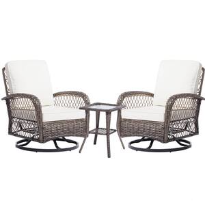 3-Piece White Wicker Patio Comfortable Conversation Set with White Cushions
