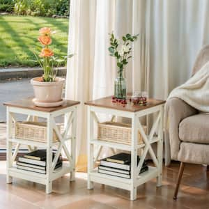 Ivory White MDF Accent Square End Table with 3-Tier Side Table (2 Sets)