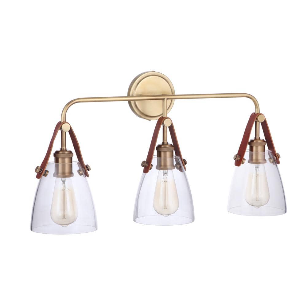 Hagen 26 in. 3-Light Vintage Brass Finish Vanity Light with Crystal Clear Glass Suspended from Genuine Leather Strap price history on PriceWatchPro