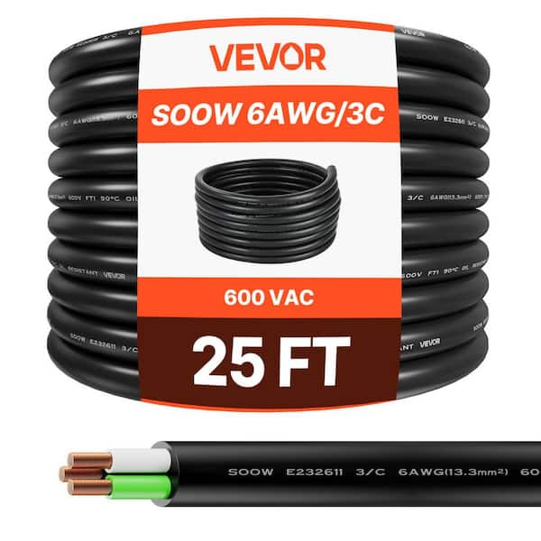 25 ft. 6AWG Portable Power Cable (3-Conductor), Heavy Duty 600-Volt SOOW Electrical Power Cable, Industrial Grade Wire