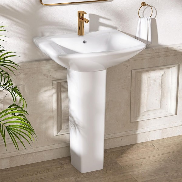 Getpro 24 in. W x 19 in. D Vitreous China Vessel U Shape Pedestal Combo Bathroom Sink in White with Overflow Drain