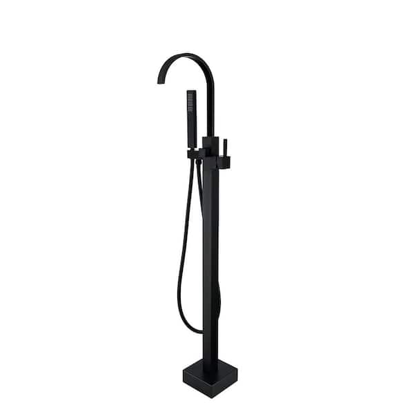 Single-Handle Floor Mount Freestanding Tub Faucet with Hand Shower in Matte Black