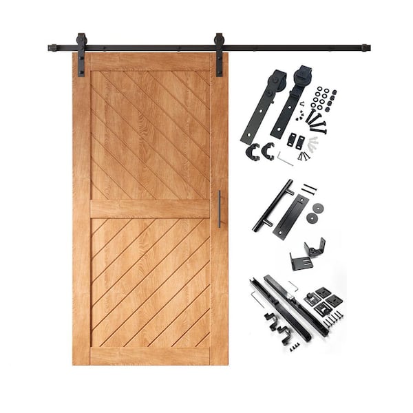 HOMACER XT4 36 in. x 80 in. C-Panel Early American Slanted Stripe Design Solid Pine Wood Sliding Barn Door with Hardware Kit