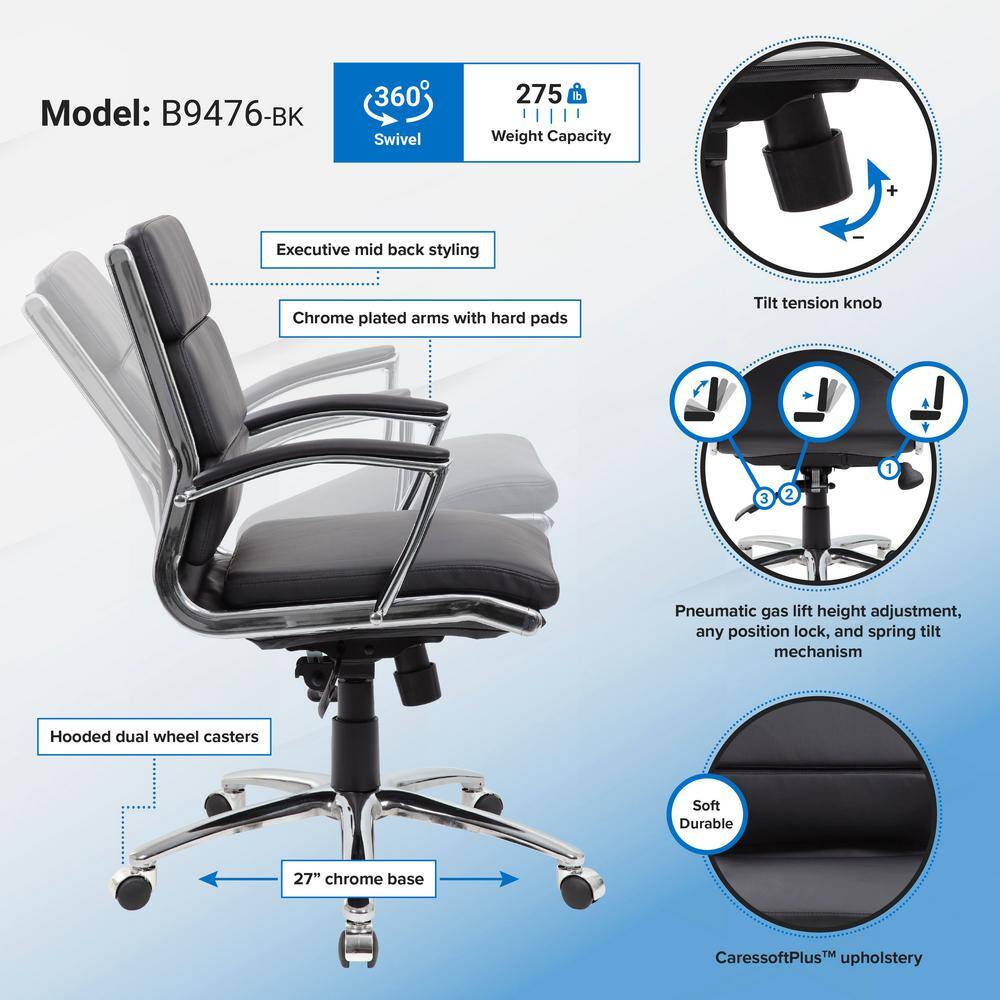 Black Mid-Back Executive Chair with Chrome Finish and Vinyl Upholstery