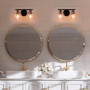 14 in. 2-Light Modern Black Bathroom Vanity Light, Rustic Vintage Brass Vanity Light, Globe Seeded Glass Wall Sconce