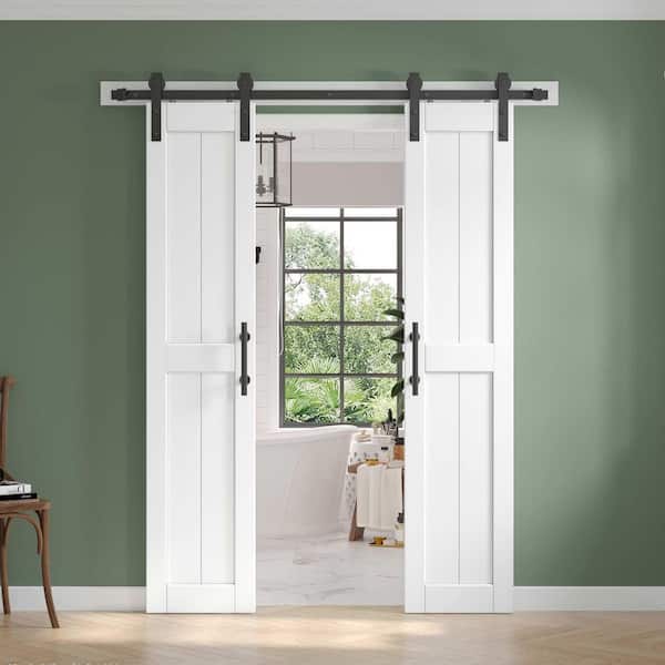 36 in. x 84 in. (Double 18 inch) White Paneled H Shape Solid MDF Sliding Barn Door with Hardware Kit