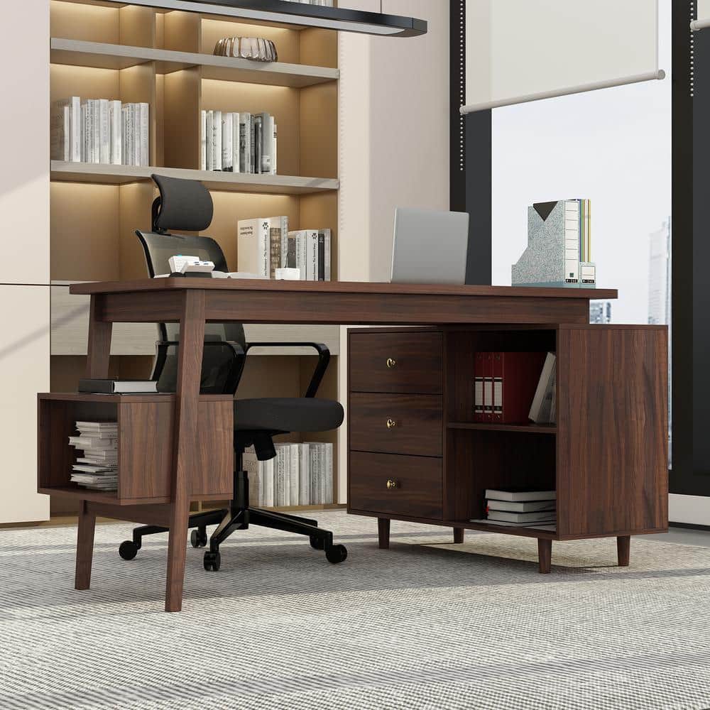 55.1 in. Width L-shaped Brown Wood Grain Wooden 3-Drawer Writing Desk, Computer Desk with Shelves Storage