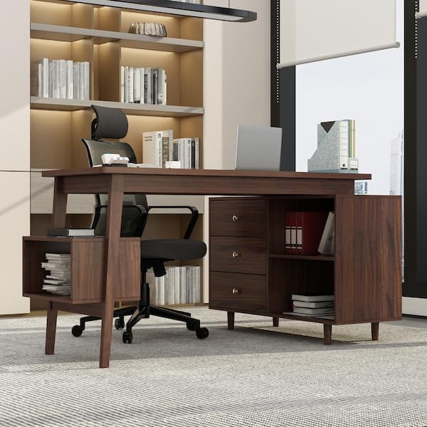 FUFU&GAGA 55.1 in. Width L-shaped Brown Wood Grain Wooden 3-Drawer Writing Desk, Computer Desk with Shelves Storage