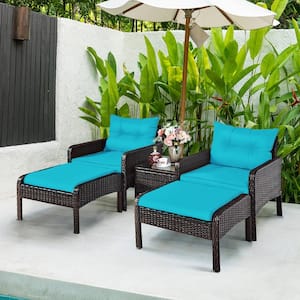 5-Piece Wicker Patio Conversation Set Sofas and Ottoman Set with Table and Turquoise Cushions