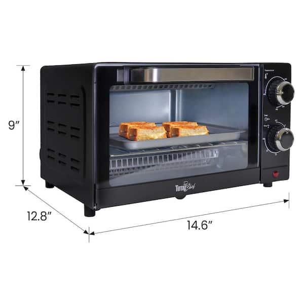 Total Chef 4-Slice Toaster Oven, 1000W, Black Compact Countertop