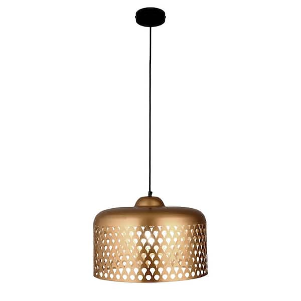 Henry 40-Watt 1-Light Black Shaded Pendant Light with Antique Brass Cutout Metal Dome Shade