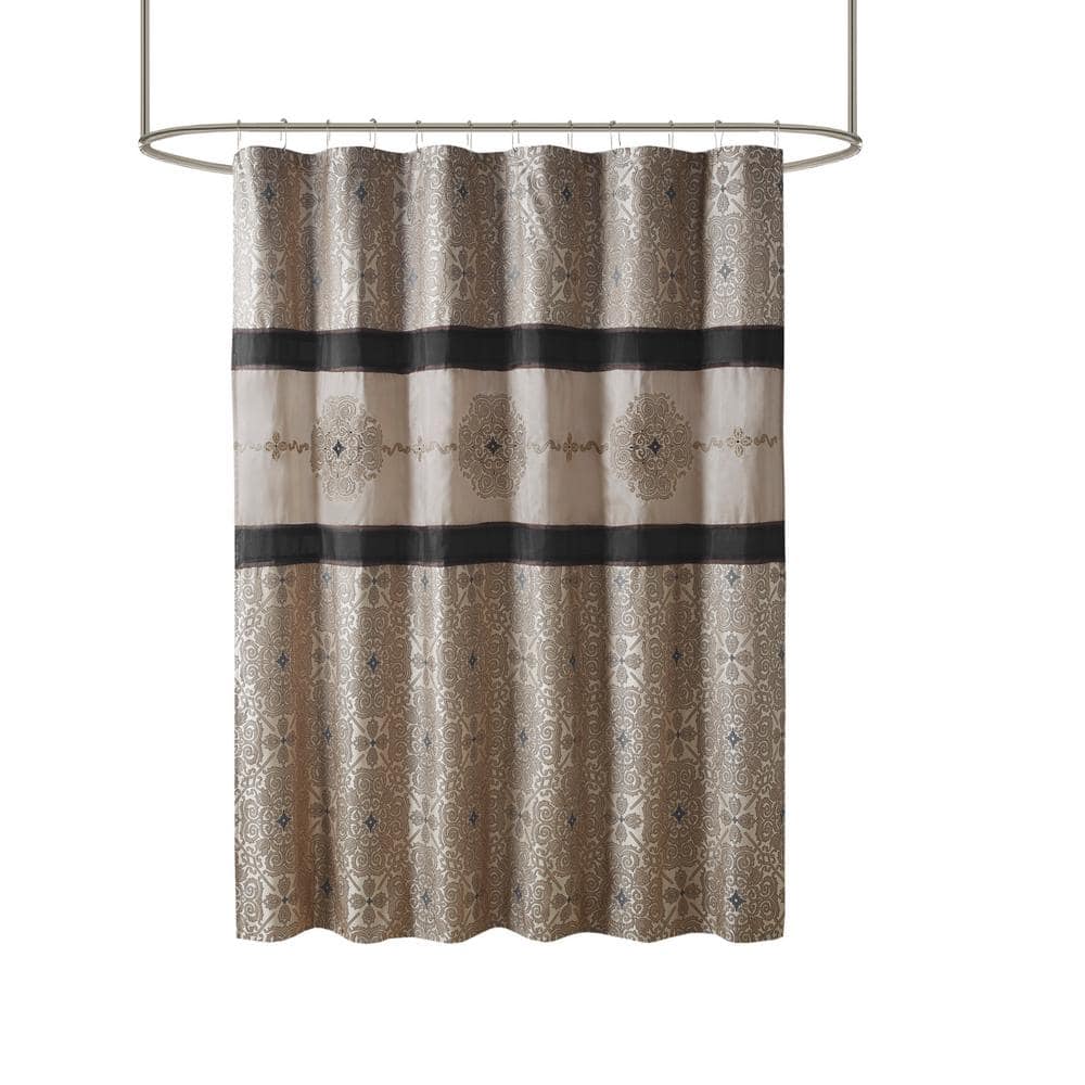 Donovan Black and Beige Embroidered Fabric Shower Curtain