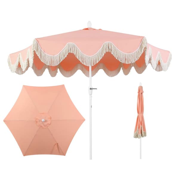 Collins 9 ft. Cottage Tassel Market Patio Umbrella with Auto-Tilt Crank, Wind Vent and UV Protection in Coral Pink/Cream