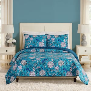 Peacock Garden 3-Piece Blue Brushed Polyester King Quilt Set